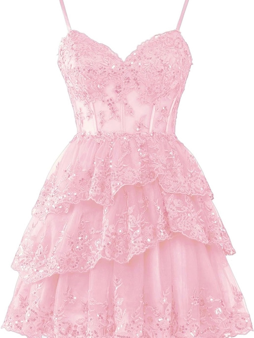 Elegant Pink Lace Tiered Prom Dress
